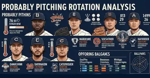 A colorful infographic displaying a pitching rotation analysis, including statistics, risk levels, and player comparisons, themed around Baseball Probable Pitchers.